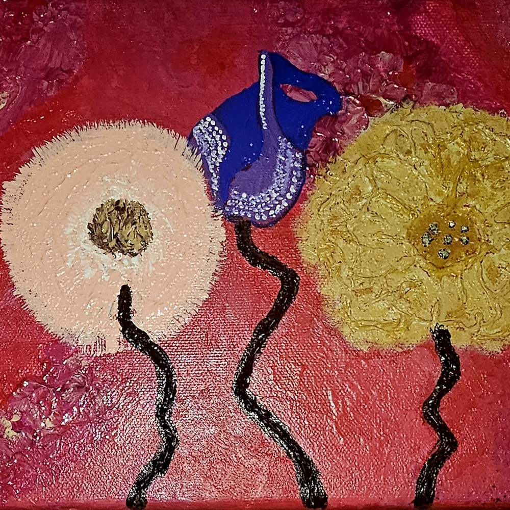 Abstract Floral Canvas Art in Pink, Blue, and Yellow